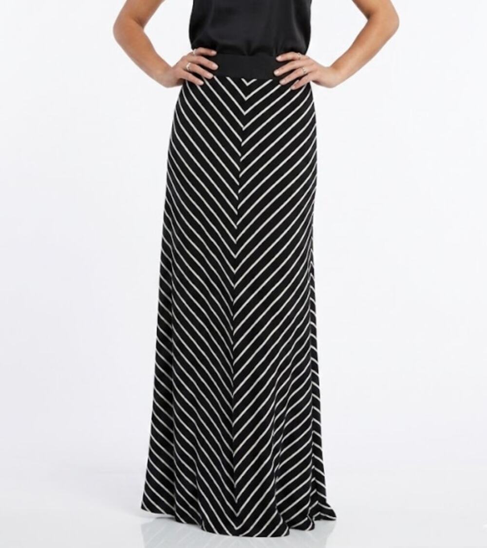 2B BEBE Striped Maxi Skirt Elastic Waist High Rise Stretch Black White Womens L